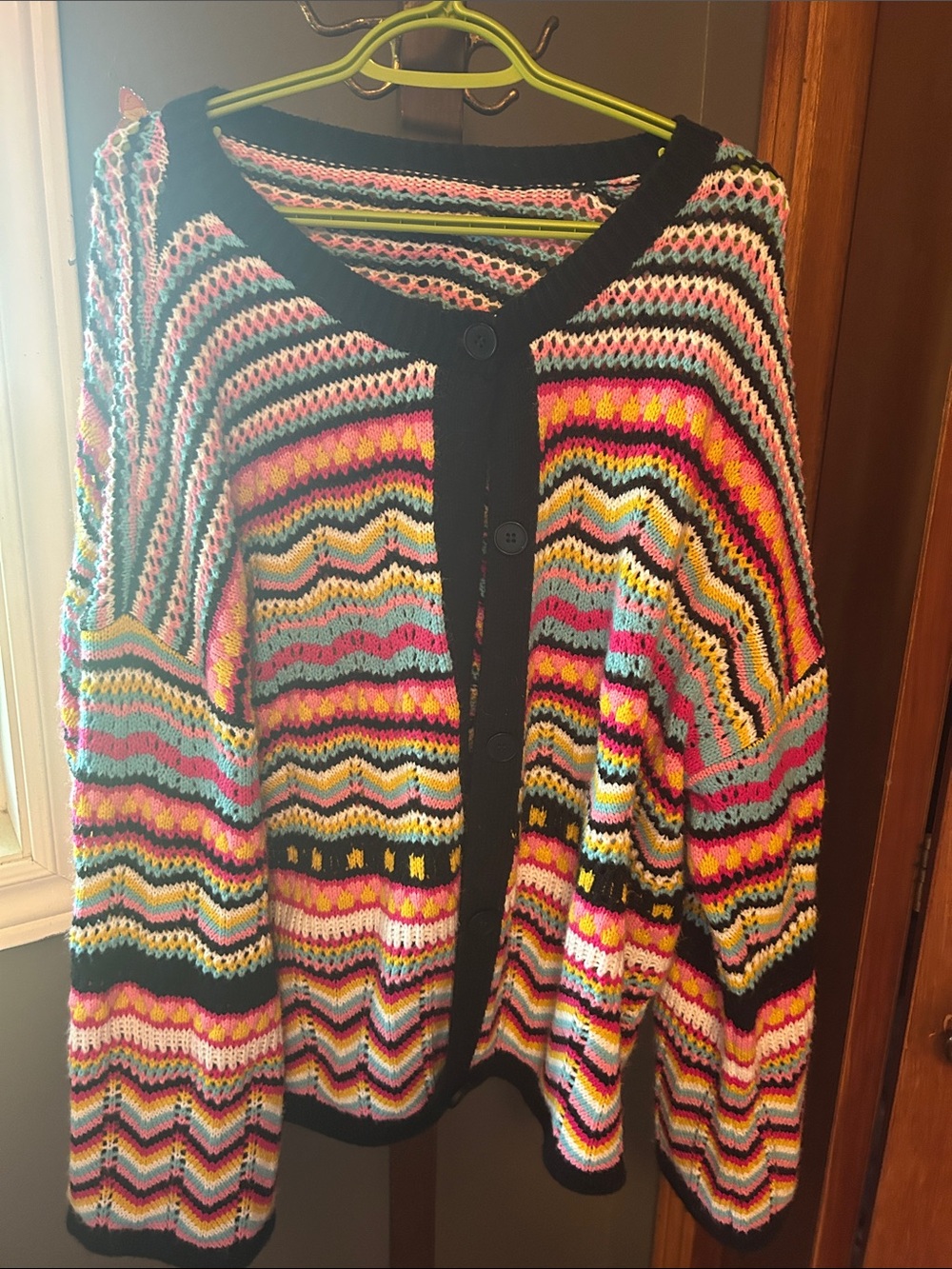 SHEIN Bright Multicolor Chevron Knit Cardigan with Black Trim